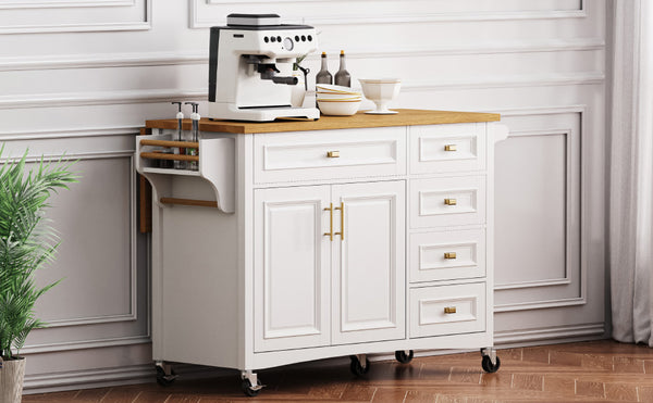 English Elm K&K 52" Kitchen Island with Embossed Farmhouse Texture, Drop Leaf, Spice & Towel Racks, Wheels White N707P195393W