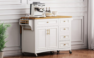 English Elm K&k Farmhouse Rolling Kitchen Island Oak Veneer Top with Drop Leaf and Storage Drawers White N707S195393W