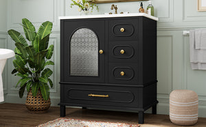 English Elm 30" Freestanding Bathroom Vanity Solid Wood Cabinet Ceramic Basin 3 Drawer Storage Black W1580P382511