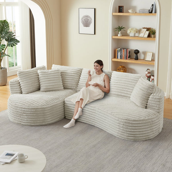 English Elm Modern Curved Sectional Sofa Tufted Corduroy L Shape for Living Room Apartment Cream W2339S00164