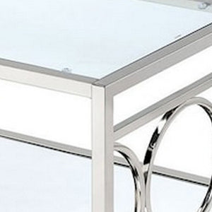 English Elm Paire Rectangular Glass Top Coffee Table with Mirrored Shelf and Silver Metal Frame B056P416836