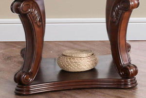 English Elm Dark Dark Oak Finish Traditional End Table with Ornate Carvings, 5mm Tempered Glass Top & Shelf B2741P357336