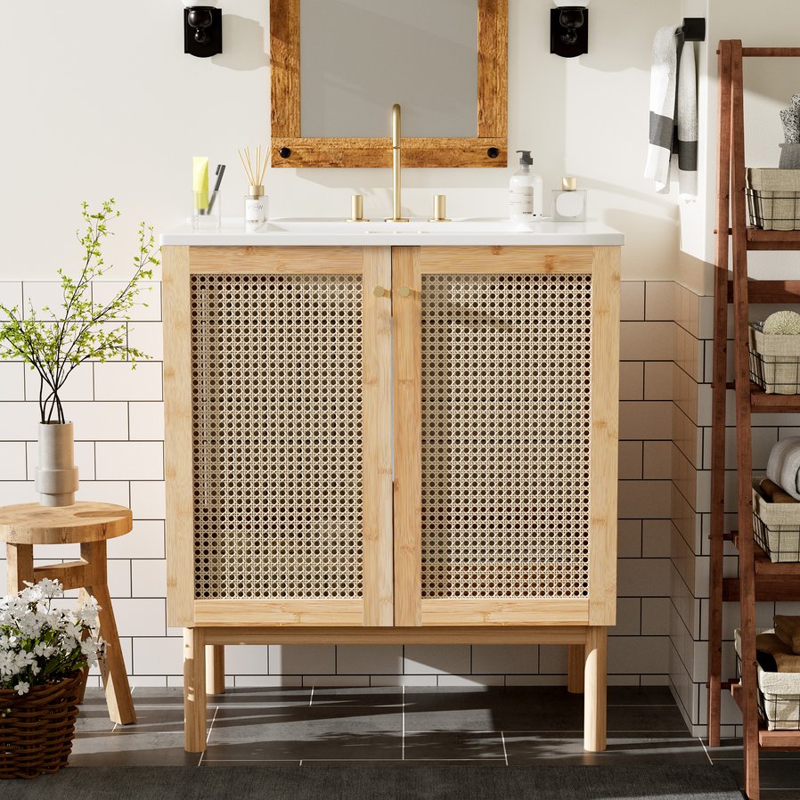 English Elm 30-inch bamboo bathroom vanity with handwoven rattan doors, soft-close hinges, ample storage beauty WF530472AAD