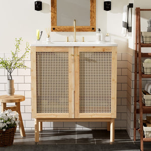 English Elm 30-inch bamboo bathroom vanity with handwoven rattan doors, soft-close hinges, ample storage beauty WF530472AAD