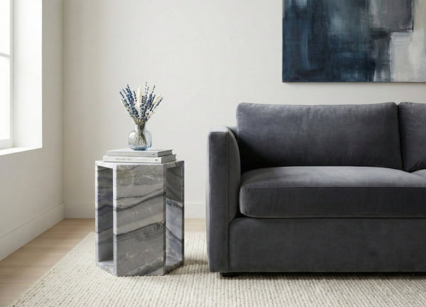 English Elm Genuine Solid Marble Hexagonal Pedestal End Table Polished Stone for Modern Living Blue+Multi W1696P407997