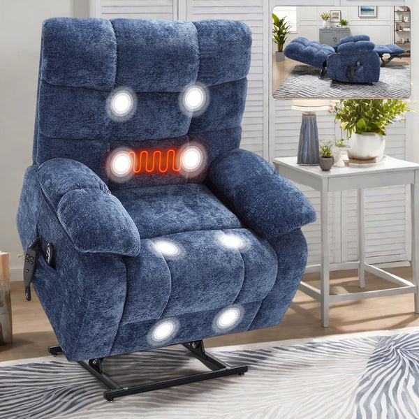 English Elm Lift Power Recliner Chenille Chair Dual Motor Massage Heat 350 Lb Capacity Living Room Blue W3224P288636