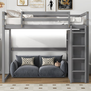 English Elm Wood Full Size Loft Bed with Built-in Wardrobe, 4-Tier Storage Shelves, LED Light, Pine MDF Durable Gray GX000463AAE