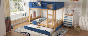 English Elm Full Bunk Bed with Trundle Bookshelf Storage Pine Frame Car Design for Kids Blue,Natural W1580S00445