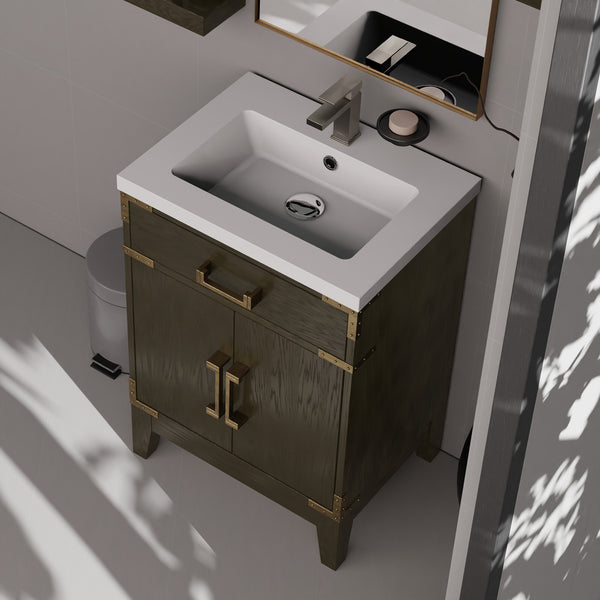 English Elm Brown Oak Single Bath Vanity - Compact 24" W Ready-To-Install Unit With Soft-Close Storage Cabinet B2731P259738