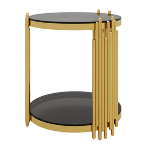 English Elm Modern Round Mirrored Glass End Table with Gold Metal Frame and Lower Display Shelf Black N735P380092B
