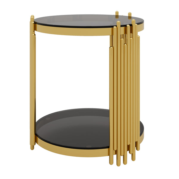 English Elm Modern Round Mirrored Glass End Table with Gold Metal Frame and Lower Display Shelf Black N735P380092B