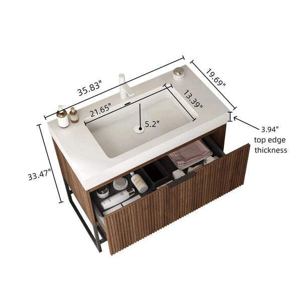 English Elm YOLAN 36" Bathroom Vanity with Integrated Solid Surface Basin, Pre-Assembled Plywood Cabinet, Soft-Close Drawer and Open Towel Shelf Walnut,White W2615S00069