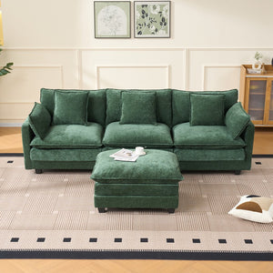 English Elm Beige Chenille Sectional Sofa with Modular Ottoman for Living Room or Studio Dark Green W2603S00004