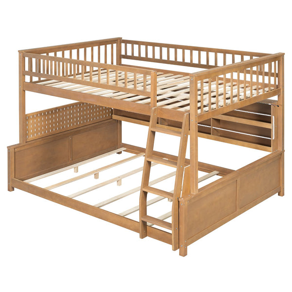 English Elm Full Xl Over Queen Bunk Bed Pinewood Frame with Led Lights Shelving Pegboard Brown LT000279AAP