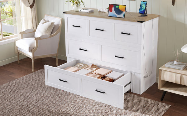 English Elm Murphy Full-Size Cabinet Bed with Built-In Charging Station, Storage Drawer & 700lb Capacity Comfort White 52.5 L x 26 W x 5.5 H N733S293995W