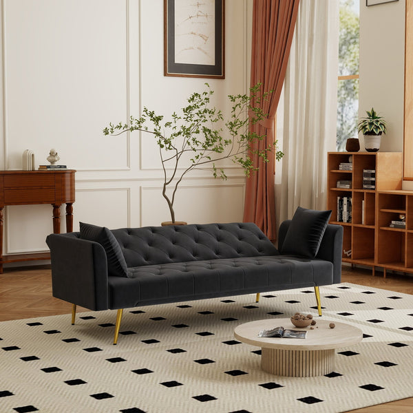 English Elm Modern Tufted Velvet Sleeper Sofa Retro Style Convertible Fold Flat for Compact Spaces Black W2353P399458