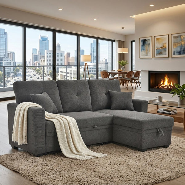English Elm Sleeper Sectional Sofa with Storage Chaise Tufted Polyester Upholstery Small Space W5568S00038