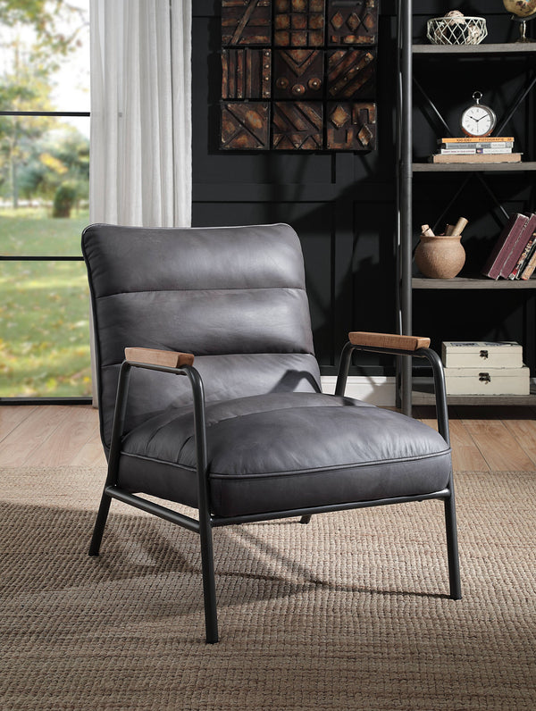 English Elm Grey Top Grain Leather Accent Chair with Full Foam Seat, Metal Frame, Matt Iron Legs, Modern Luxury B062P209158