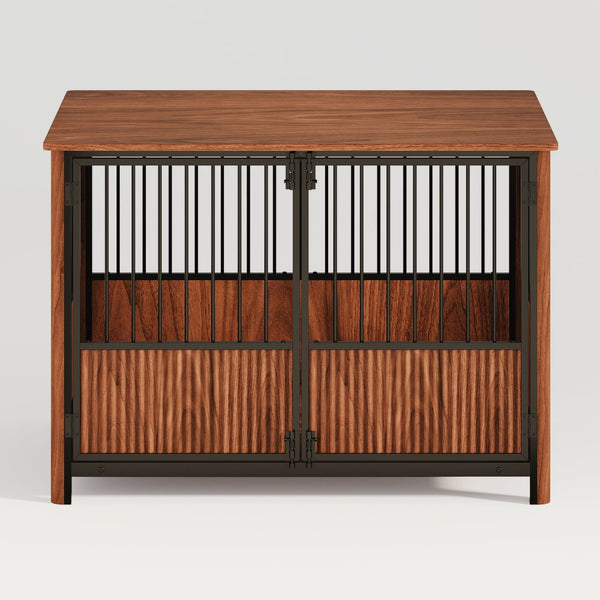 English Elm 43'' Walnut Fluted Wood Dog Crate Doubles as End Table for Medium and Large Pets W1820P336034