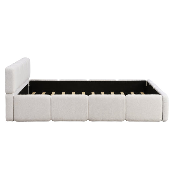 English Elm Queen Boucle Upholstered Platform Bed Low Profile Block Silhouette for Modern Bedroom N757P385459W