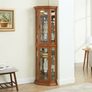 English Elm Lighted Corner Curio Cabinet - Elegant Display Shelf With Adjustable Glass Shelves & Ambient Lighting W1758P300137