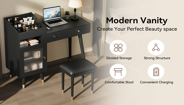 English Elm Modern Makeup Vanity Desk with Reeded Glass Door, 4-Compartment Cubby, Charging Port & Stool Comfortable Craftsmanship for Compact Spaces Black N844P285187B