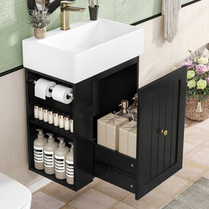 English Elm 20-Inch Compact Bathroom Vanity with Ceramic Sink, Wall-Mounted MDF Cabinet, Modern Space-Saver Design Black N725P314023B
