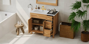 English Elm 36" Wood Bathroom Vanity with Solid Frame, Gold Handles, 3 Soft-Close Drawers & 2 Doors, Spacious Countertop N729P204176N