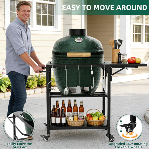 English Elm Outdoor Kamado Grill Cart with Folding Prep Surface Hooks Wheels and Storage Shelf W3190P416753