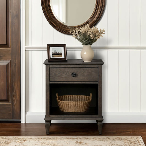 English Elm Victoria Aged Oak Nightstand with Solid Wood Legs, Wire-Brushed Veneer, Drawer & Open Shelf Brown 27.25 L x 22.75 W x 27.25 H B035P341166