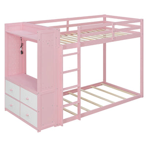 English Elm Twin Bunk Bed with Storage Drawers Hanging Rail Led Shelves and Pegboard Organizer Pink LT000282AAH