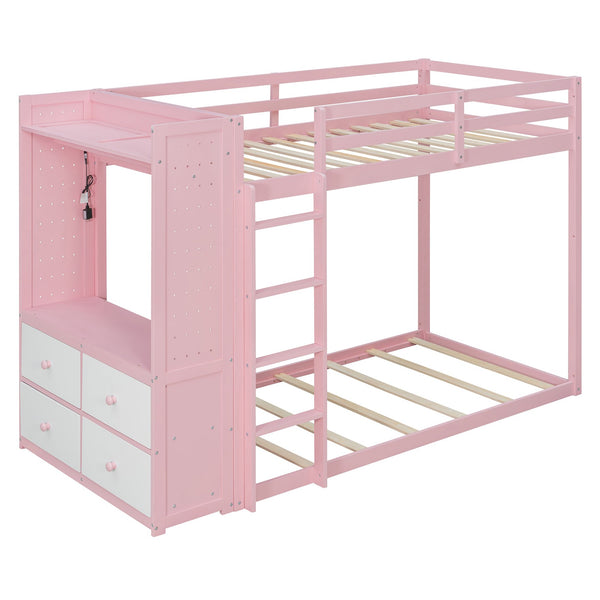 English Elm Twin Bunk Bed with Storage Drawers Hanging Rail Led Shelves and Pegboard Organizer Pink LT000282AAH