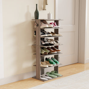 English Elm Shoe 7-Tier Vertical Shoe Rack with Hooks - Rustic Gray Organizer for 12-14 Pairs, Space-Saving Entryway W3151P346291