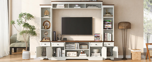 English Elm U-can Farmhouse Wall Unit with Barn Doors Built-in Power Outlets and Open Shelving White+Walnut SJ000154AAK