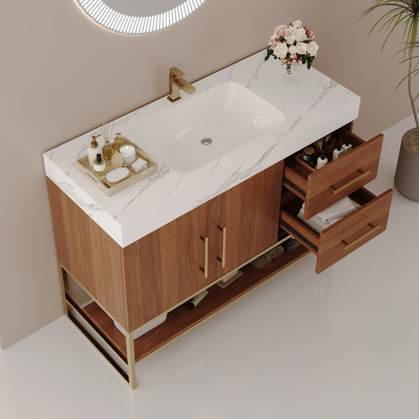 English Elm 36" Freestanding Bathroom Vanity Sintered Stone Top Integrated Basin Gold Hardware W3136S00057