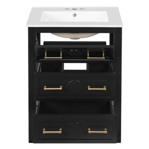 English Elm 24'' Bathroom Vanity with Ceramic Sink and 3 Drawers Retro Solid Wood Frame Freestanding Storage Black N710P371184B
