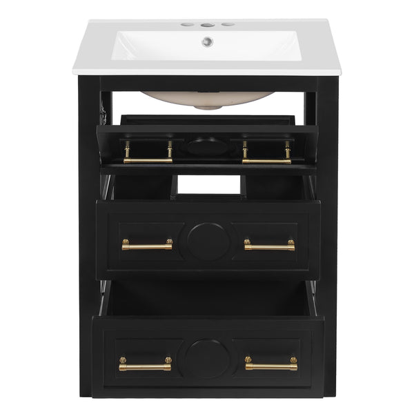English Elm 24'' Bathroom Vanity with Ceramic Sink and 3 Drawers Retro Solid Wood Frame Freestanding Storage Black N710P371184B