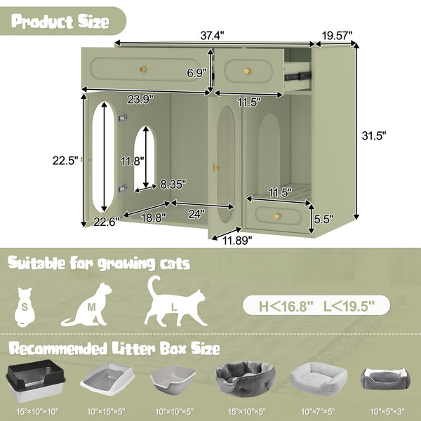 English Elm Cat Litter Box Cabinet with Led Lighting Acrylic Doors and Drawer Storage End Table Green N704P402444F