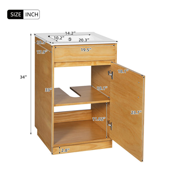 English Elm 20-inch Farmhouse Bathroom Vanity with Ceramic Sink, Freestanding Single Cabinet, Soft-Close Door, Adjustable Shelf, Natural Wood-Grain Finish N710P334910P