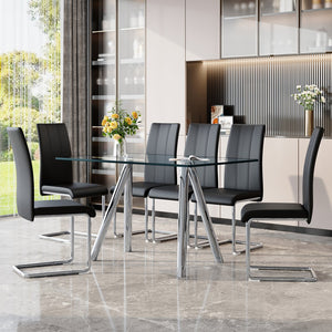 English Elm Tempered Glass Rectangular Dining Set Seats 6 with Chrome Legs and Black Pu Chairs W3875S00045