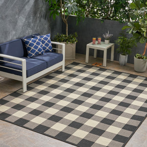 Christopher Knight Home® - Noble House - Crossroads Outdoor 7'10" X 10' Check Area Rug, Black and Ivory