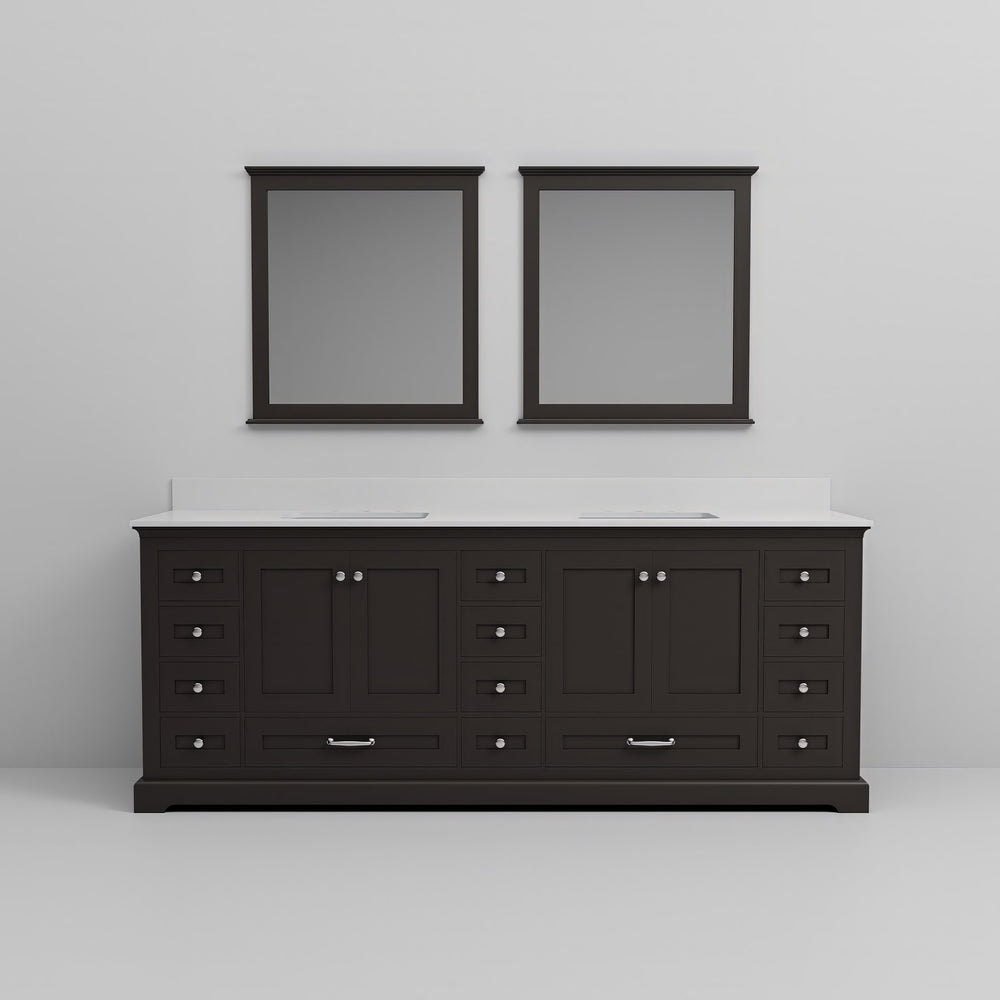 English Elm Espresso Double Bath Vanity 84" W x 22" D with White Quartz Top, Soft-Close Drawers & 34" Mirrors B2731S00829