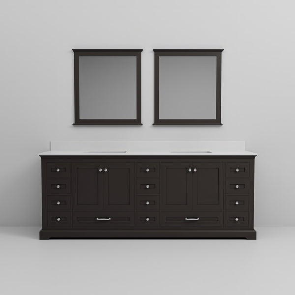 English Elm Espresso Double Bath Vanity 84" W x 22" D with White Quartz Top, Soft-Close Drawers & 34" Mirrors B2731S00829