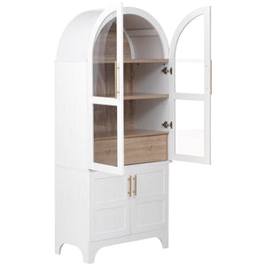 English Elm K&K Arched 71" Kitchen Pantry Cabinet with Glass Doors, Brass Handles, Adjustable Shelves & Drawer White N707P288969W