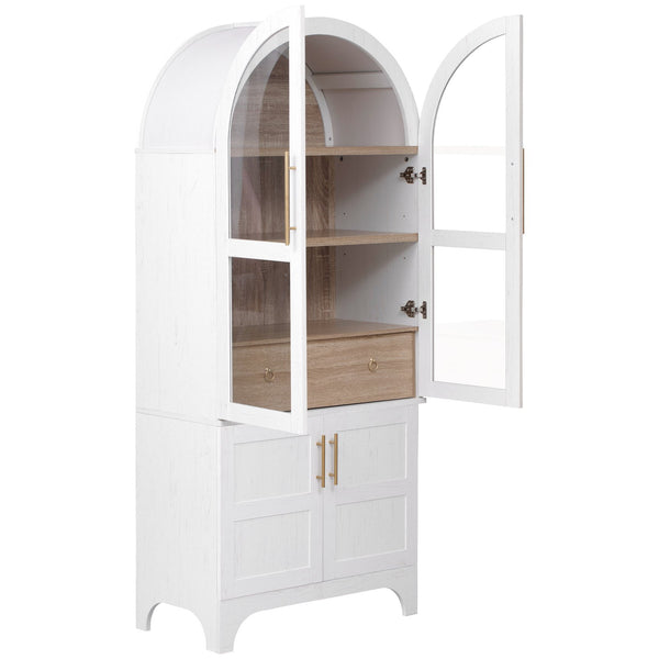 English Elm K&K Arched 71" Kitchen Pantry Cabinet with Glass Doors, Brass Handles, Adjustable Shelves & Drawer White N707P288969W