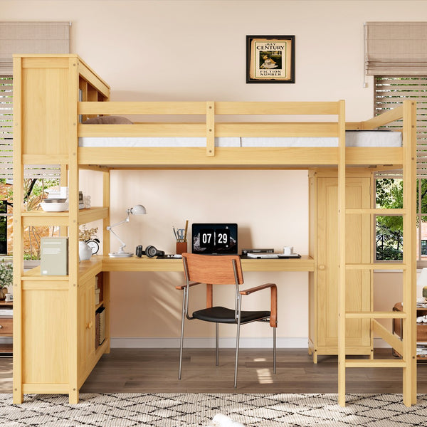 English Elm Full Size Pine Loft Bed House Frame with Slide Bookshelves and Moon Star Rails W1580S00163