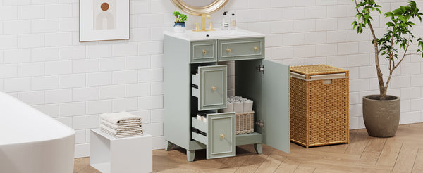 English Elm 24-Inch Bathroom Vanity Cabinet with Ceramic Sink, Space-Saving Storage, Solid Wood Feet, Durable Finish Green WF532034AAF