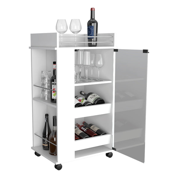 English Elm Baltimore White Bar Cart with Glass Door, 2 Side Shelves & Casters for Stylish Mobile Entertaining B200P188861