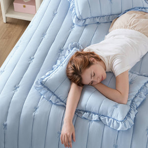 English Elm 3-piece Reversible Microfiber Quilt Set Bow Embroidery Ruffled Trim Romantic Bedroom Blue B035P482883