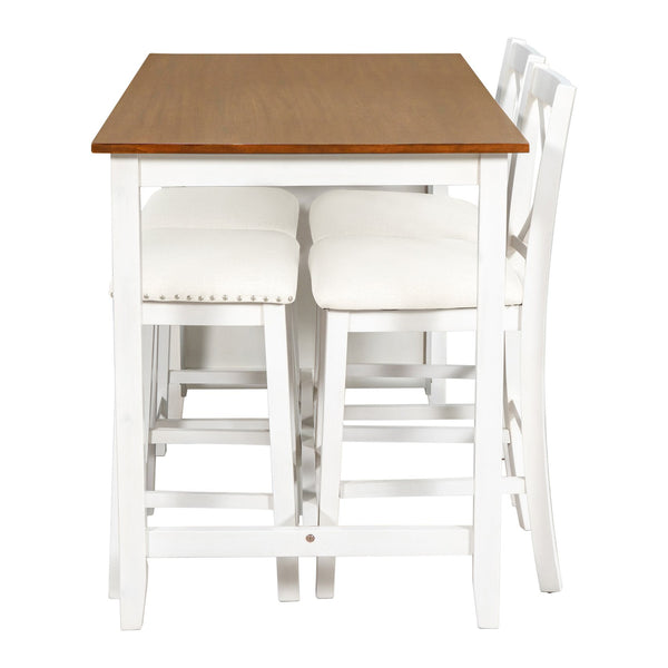 English Elm TOPMAX Counter Height Rustic Farmhouse 5-Piece Dining Set for 4 with Stacked Storage Shelves, Beige Upholstery White SP001134AAK